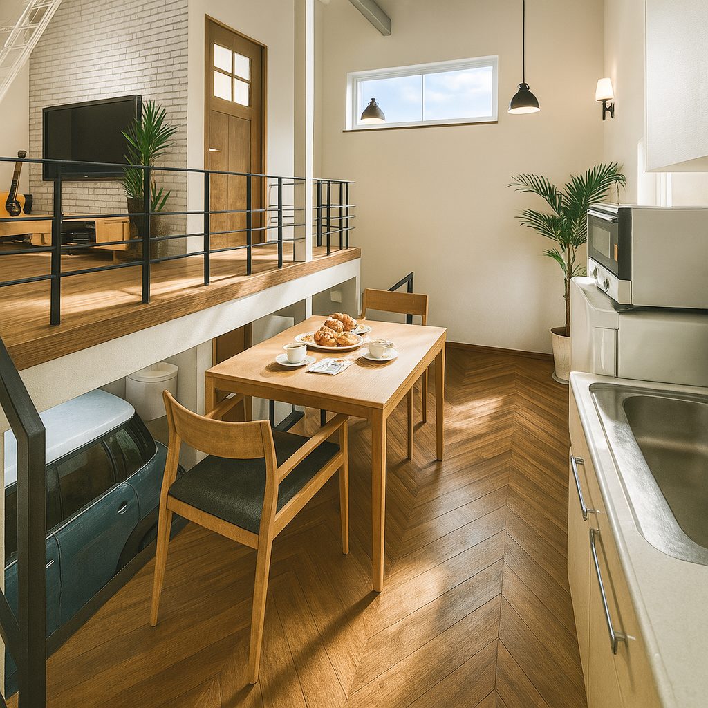 インダストリアルスタイルガレージハウス、おしゃれな内装インテリア参考例ダイニング