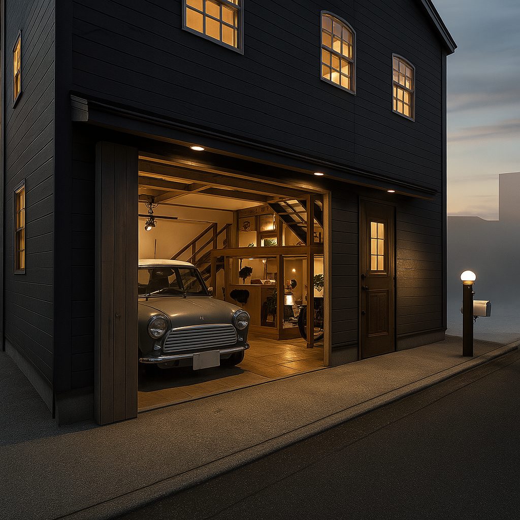 【Garage House⑧】スキップフロアのアメリカンハウス!空間が一つのガレージハウス、夜の建物外観
