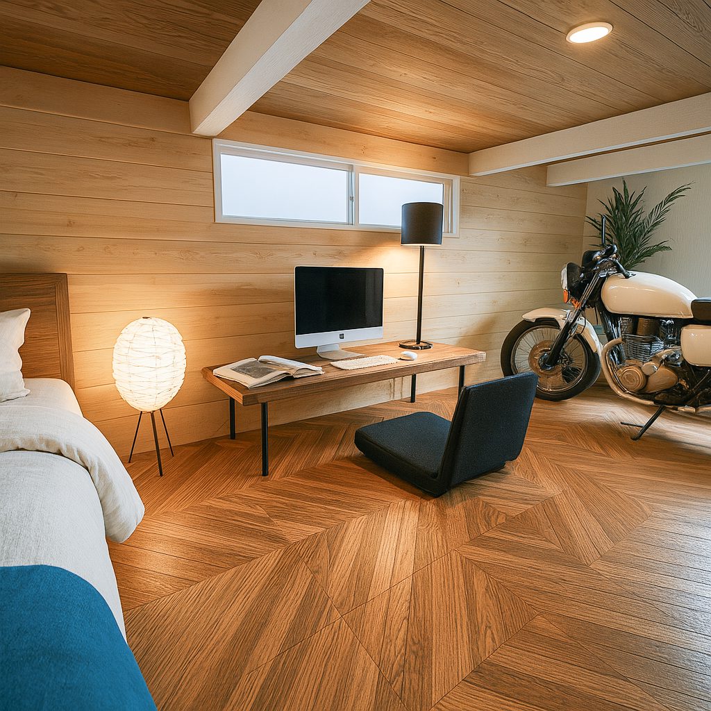 【Garage House⑧】スキップフロアのアメリカンハウス!空間が一つのガレージハウス、書斎スペース