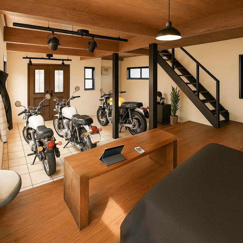 インダストリアルスタイルガレージハウス、おしゃれな内装インテリア参考例くつろぐスペース