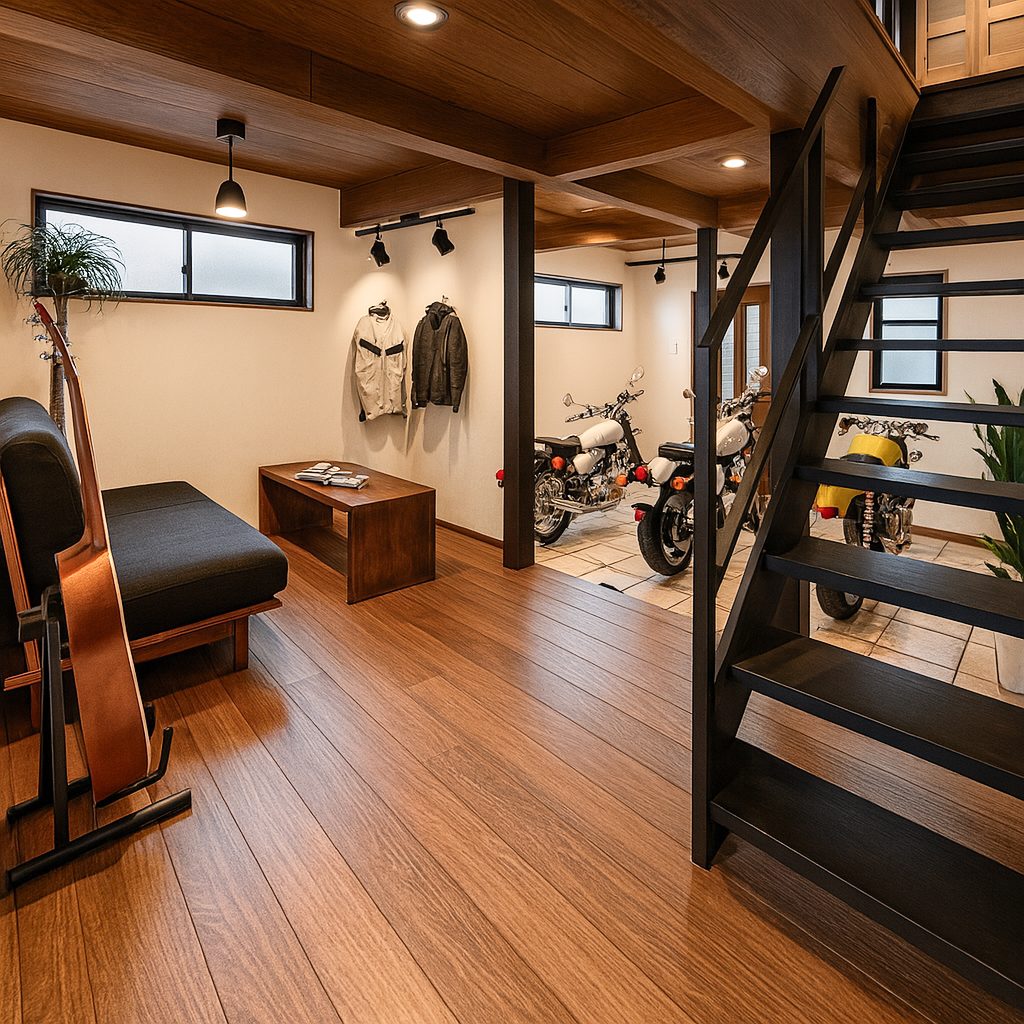 【Garage House⑨】インダストリアルバイカーハウス!スキップフロアのガレージハウス、階段ホール