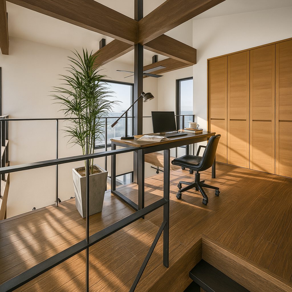 【Garage House⑨】インダストリアルバイカーハウス!スキップフロアのガレージハウス、書斎スペース①