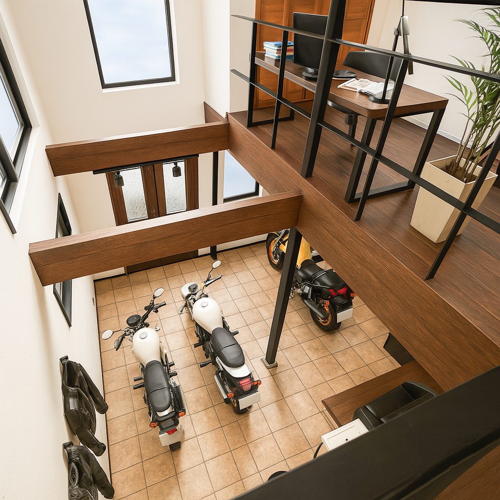 【Garage House⑨】インダストリアルバイカーハウス!スキップフロアのガレージハウス、吹抜け