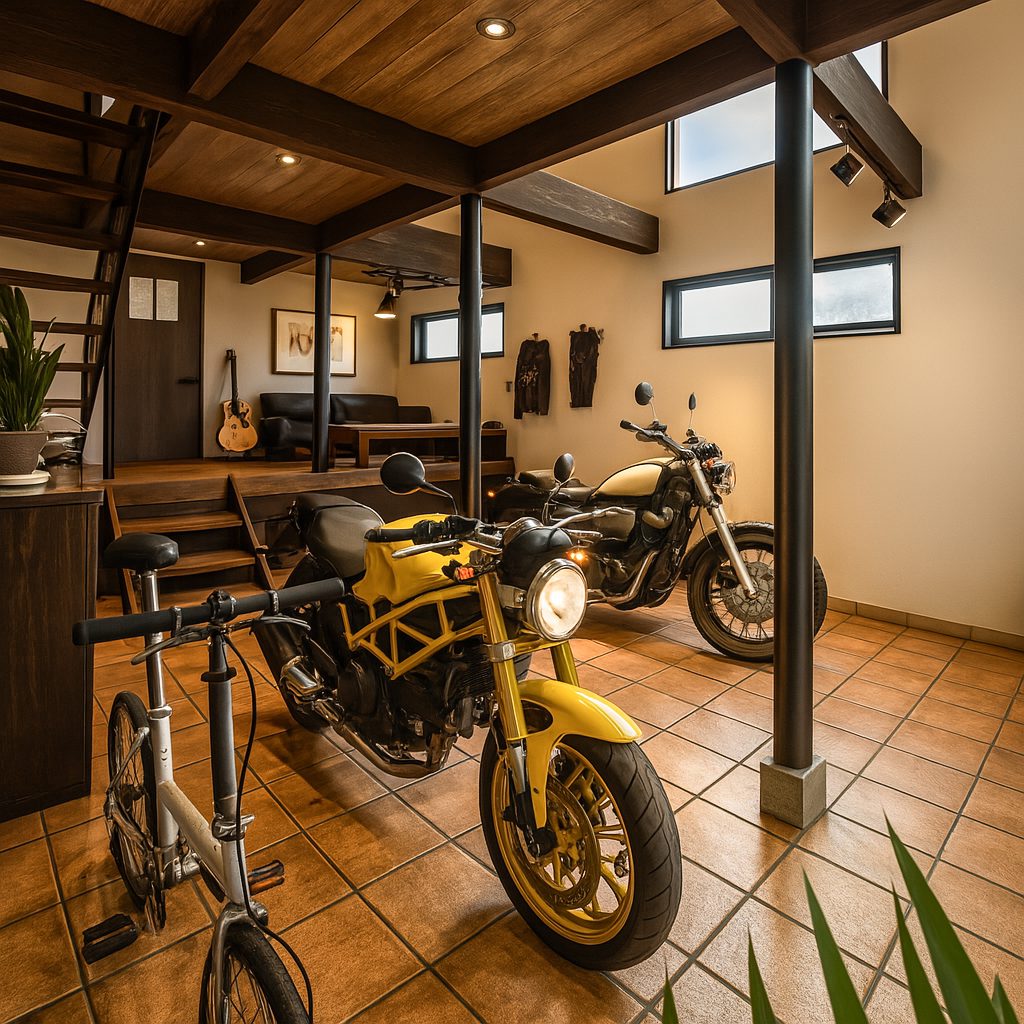 【Garage House⑨】インダストリアルバイカーハウス!スキップフロアのガレージハウス、ガレージ②