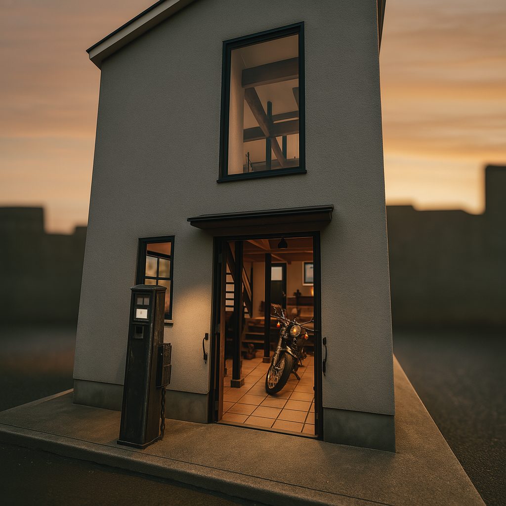 【Garage House⑨】インダストリアルバイカーハウス!スキップフロアのガレージハウス、夜の建物外観