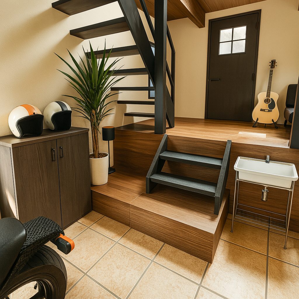 【Garage House⑨】インダストリアルバイカーハウス!スキップフロアのガレージハウス、玄関