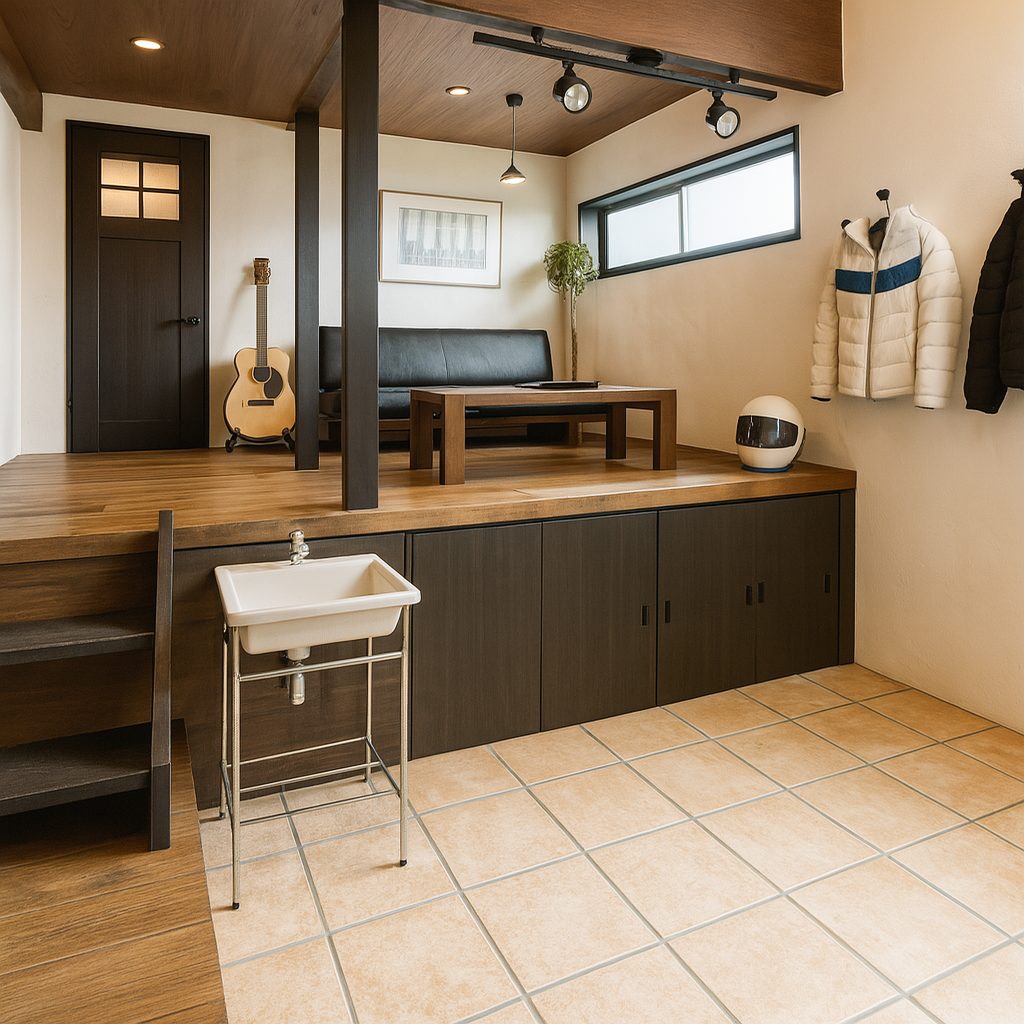 【Garage House⑨】インダストリアルバイカーハウス!スキップフロアのガレージハウス、1階収納スペース