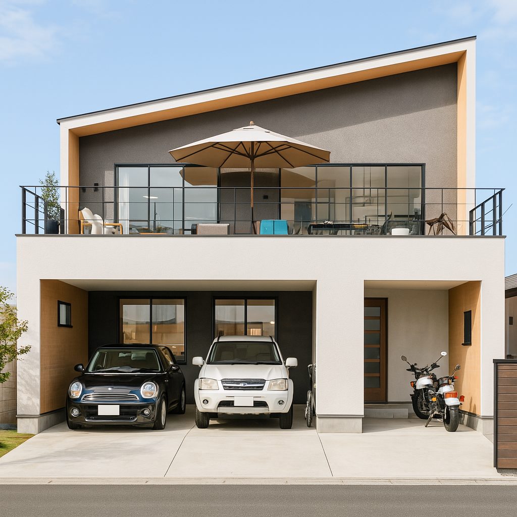 【Garage House⑩】自宅兼事務所!バルコニーでバーベキューができるガレージハウス、昼間の建物外観①