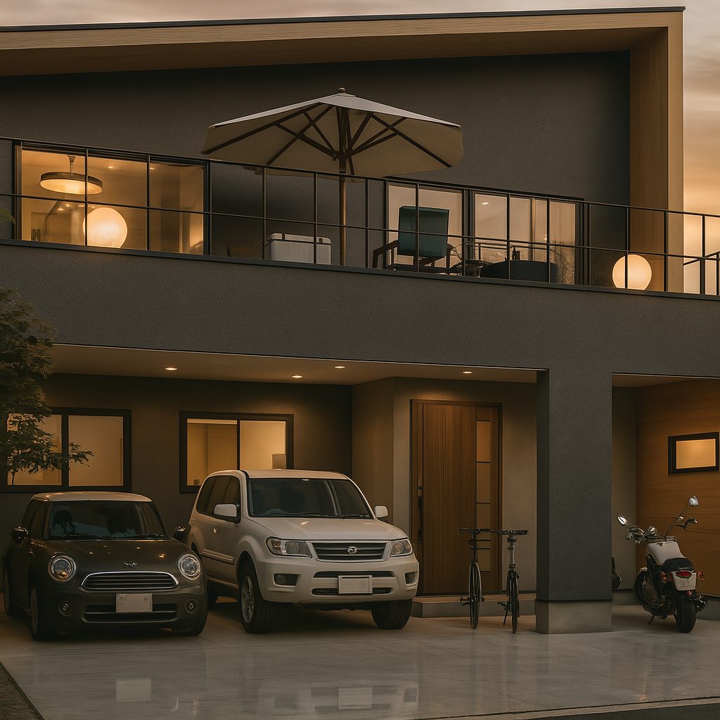 【Garage House⑩】自宅兼事務所!バルコニーでバーベキューができるガレージハウス、夜の建物外観②