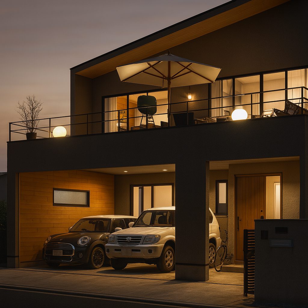 【Garage House⑩】自宅兼事務所!バルコニーでバーベキューができるガレージハウス、夜の建物外観①