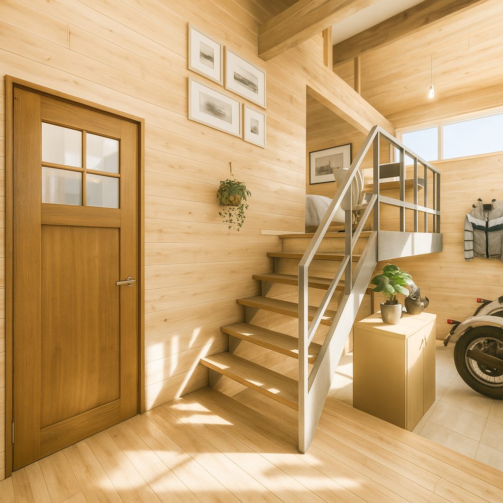 【Garage House⑫】木の家バイカーハウス、スキップフロアの平屋ガレージハウス、階段