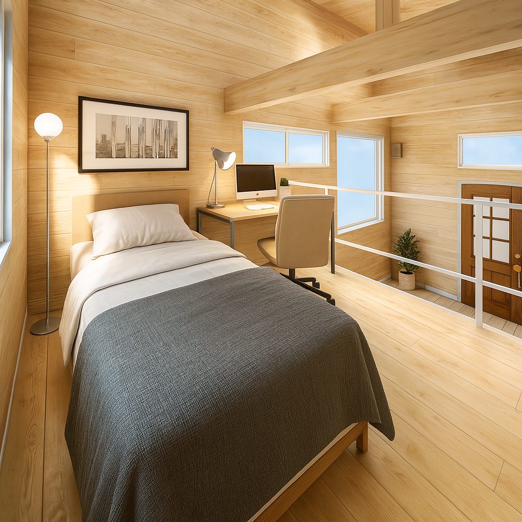 【Garage House⑫】木の家バイカーハウス、スキップフロアの平屋ガレージハウス、ベッド