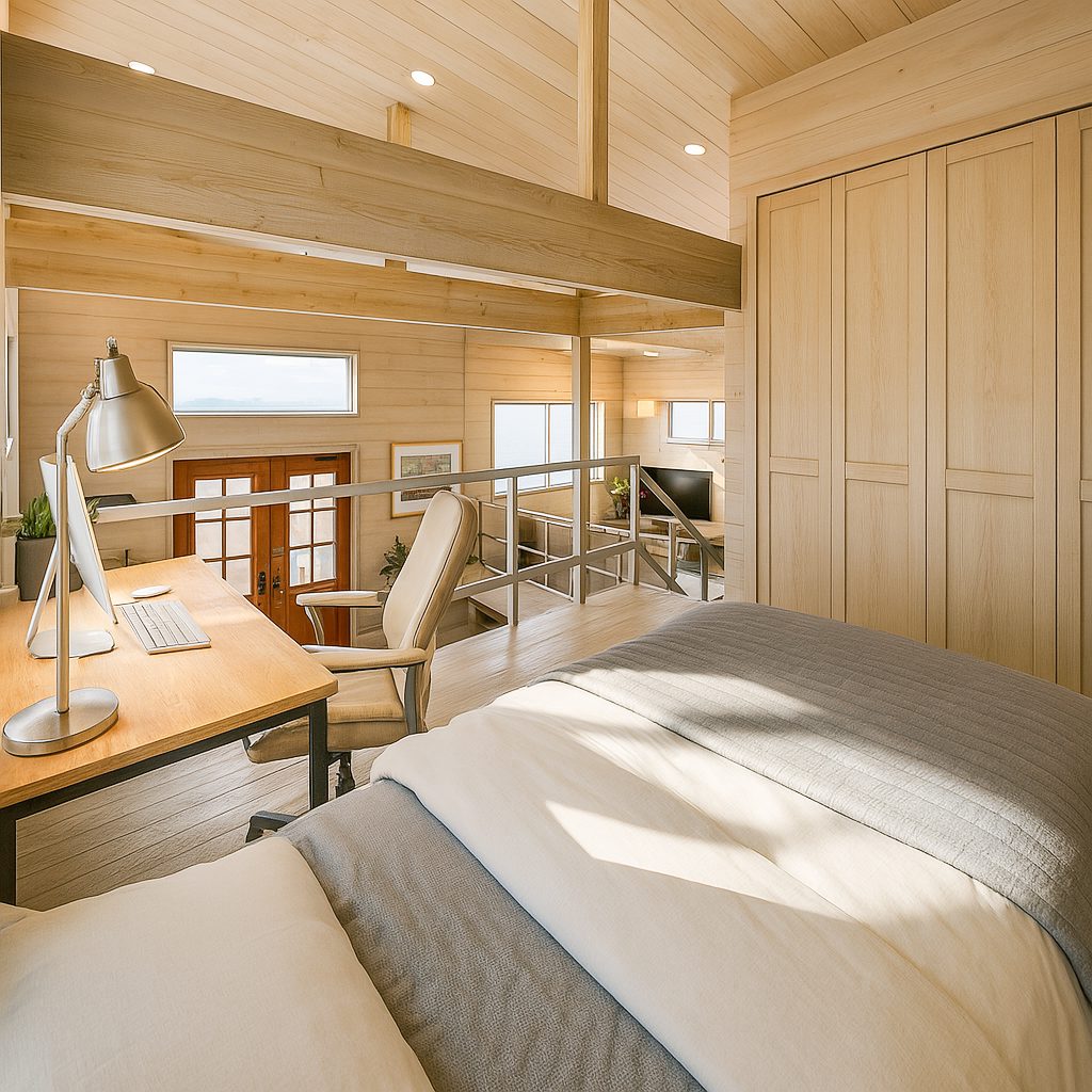 【Garage House⑫】木の家バイカーハウス、スキップフロアの平屋ガレージハウス、ベッドから書斎