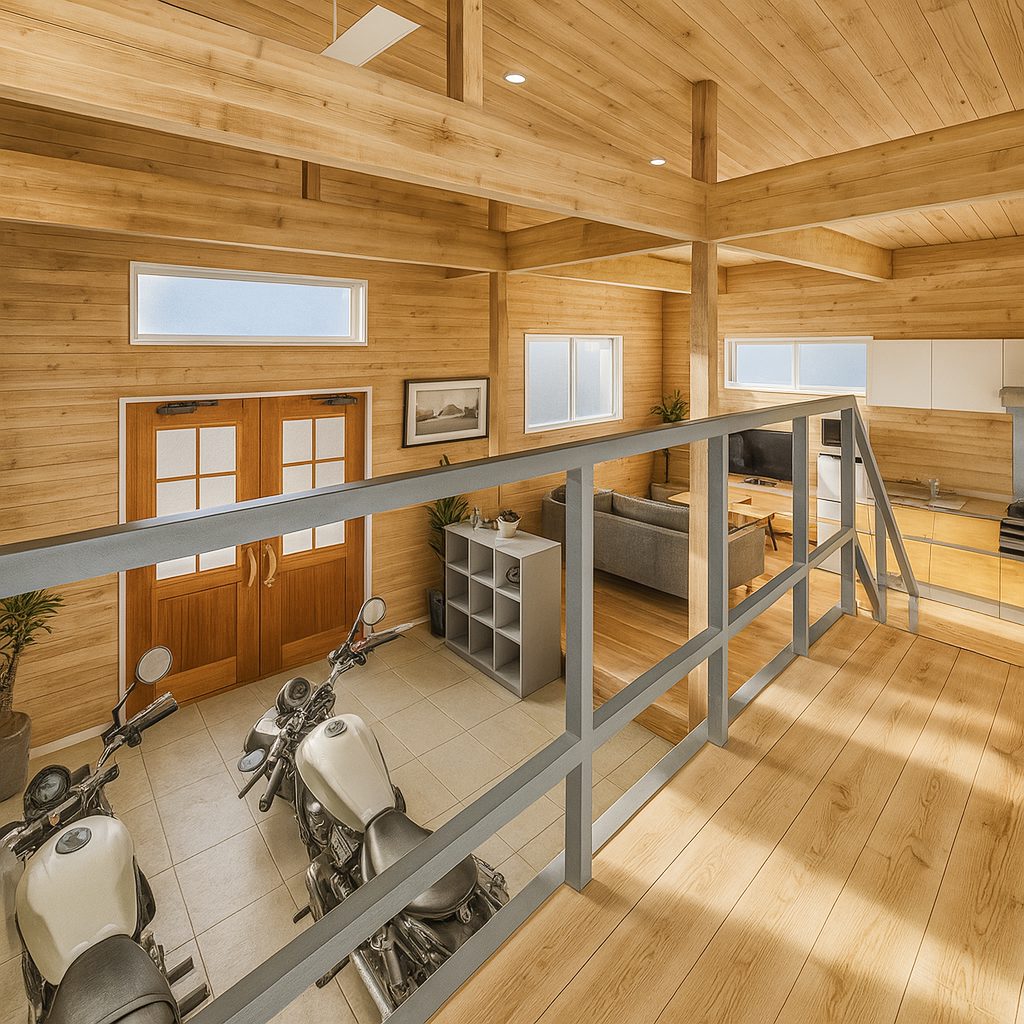 【Garage House⑫】木の家バイカーハウス、スキップフロアの平屋ガレージハウス、書斎からガレージ