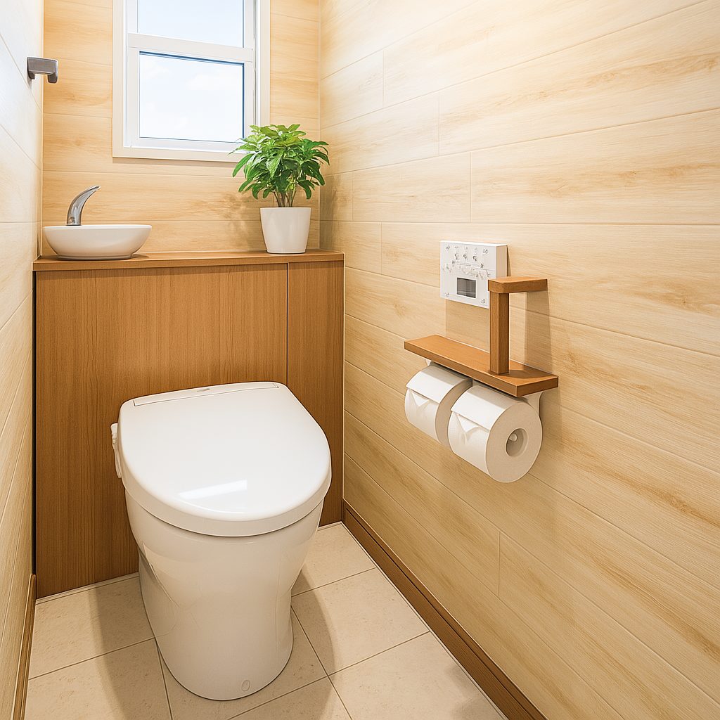 【Garage House⑫】木の家バイカーハウス、スキップフロアの平屋ガレージハウス、トイレ