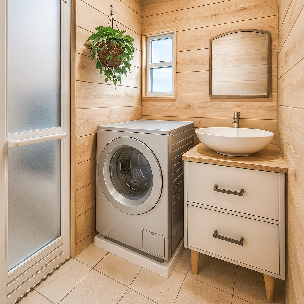 【Garage House⑫】木の家バイカーハウス、スキップフロアの平屋ガレージハウス、洗面室