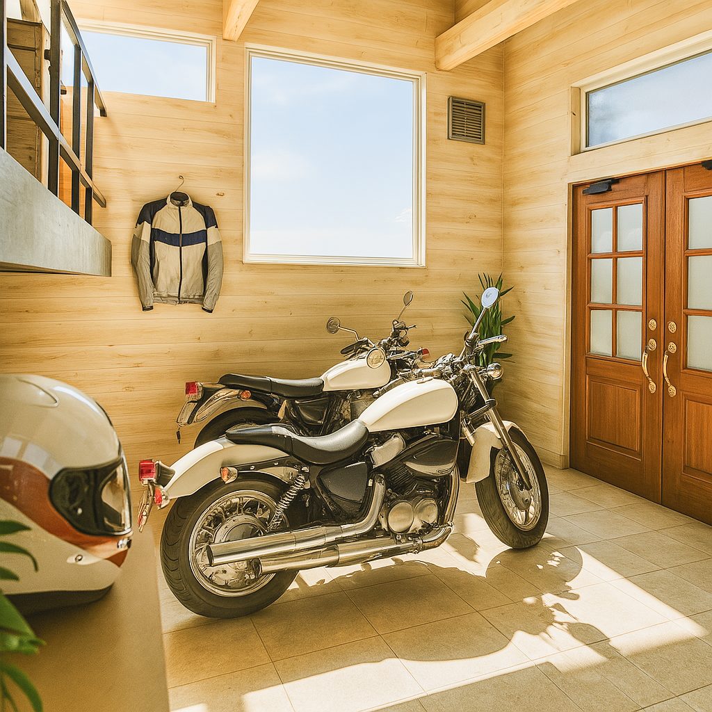 【Garage House⑫】木の家バイカーハウス、スキップフロアの平屋ガレージハウス、ガレージサイドから