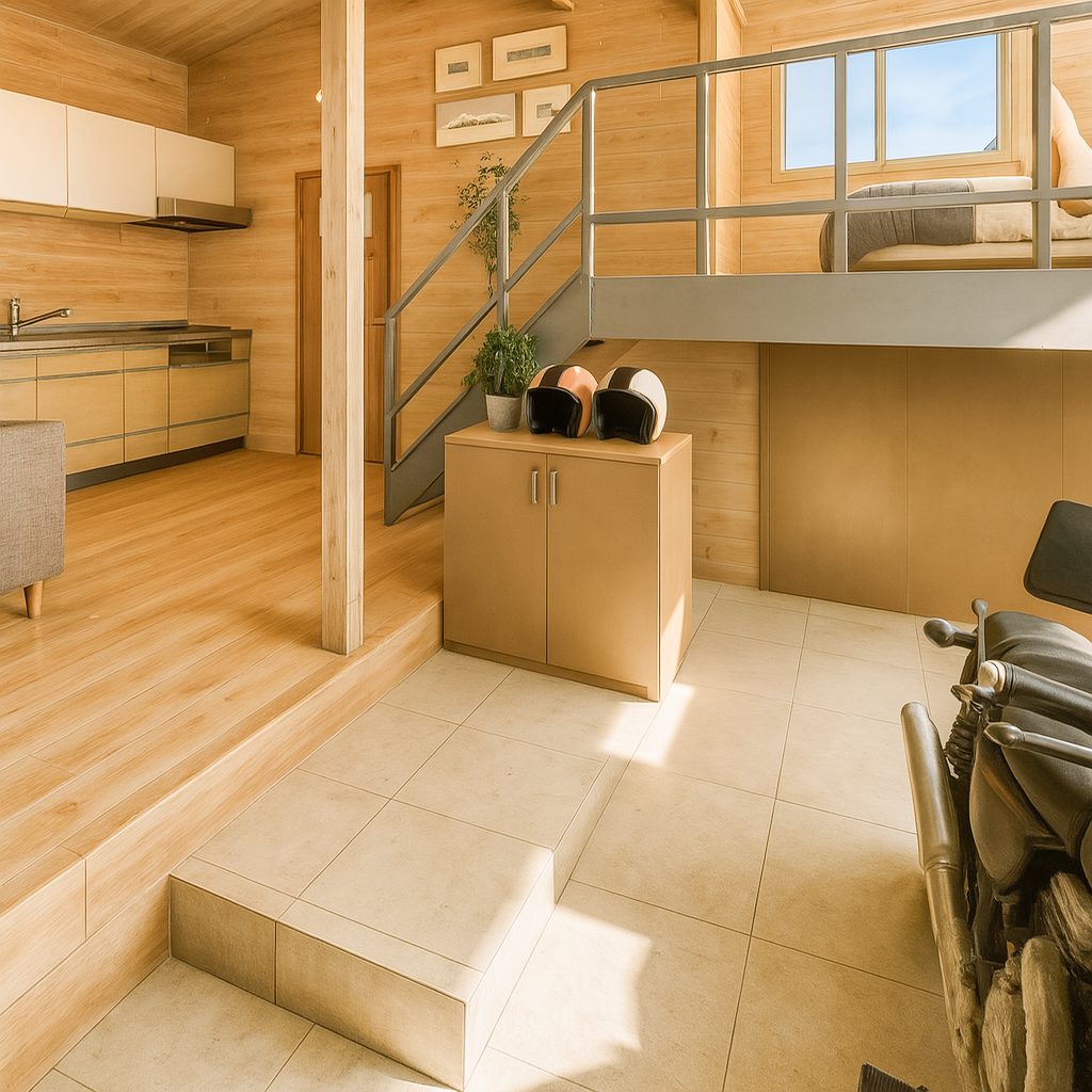 【Garage House⑫】木の家バイカーハウス、スキップフロアの平屋ガレージハウス、玄関