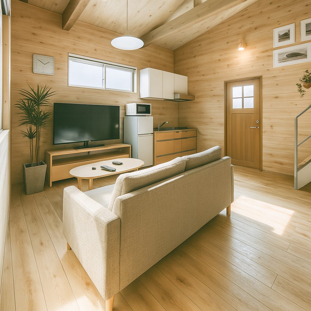 【Garage House⑫】木の家バイカーハウス、スキップフロアの平屋ガレージハウス、リビング②