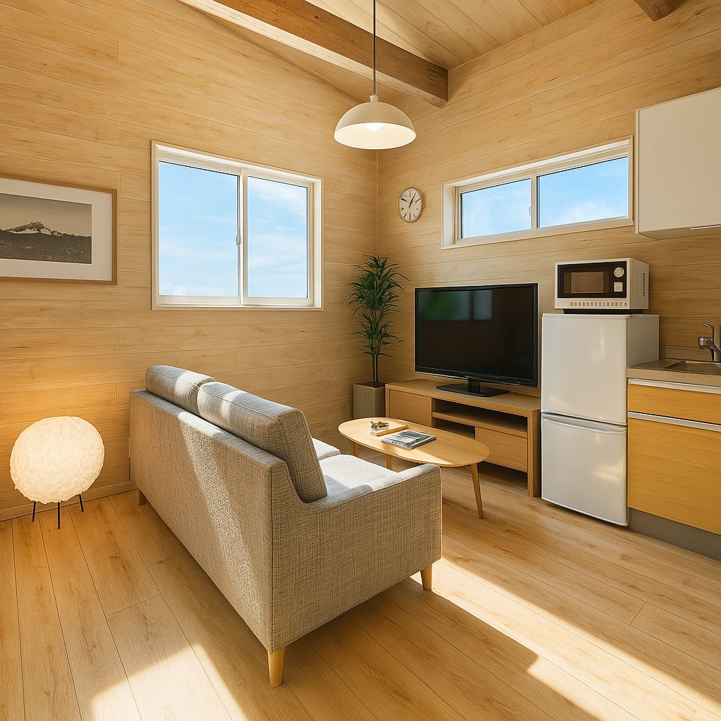 【Garage House⑫】木の家バイカーハウス、スキップフロアの平屋ガレージハウス、リビング①