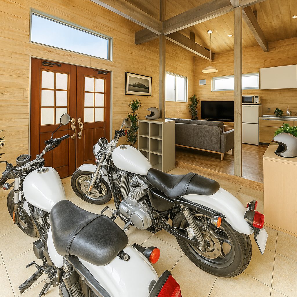 【Garage House⑫】木の家バイカーハウス、スキップフロアの平屋ガレージハウス、ガレージ後方から②