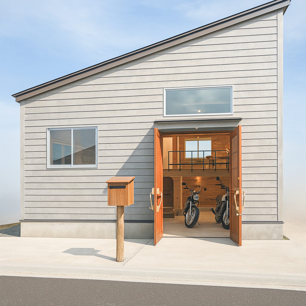 【Garage House⑫】木の家バイカーハウス、スキップフロアの平屋ガレージハウス、昼間の建物外観②
