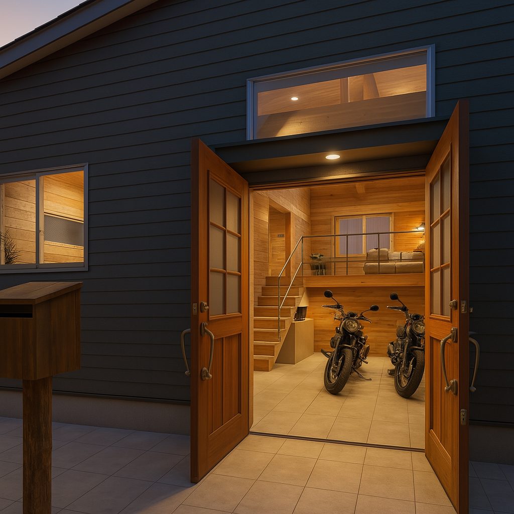 【Garage House⑫】木の家バイカーハウス、スキップフロアの平屋ガレージハウス、夜の玄関扉開放した建物外観②