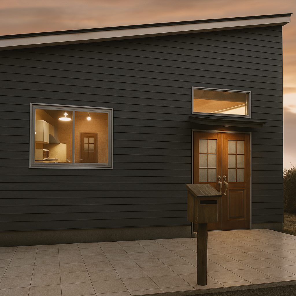 【Garage House⑫】木の家バイカーハウス、スキップフロアの平屋ガレージハウス、夜の建物外観①