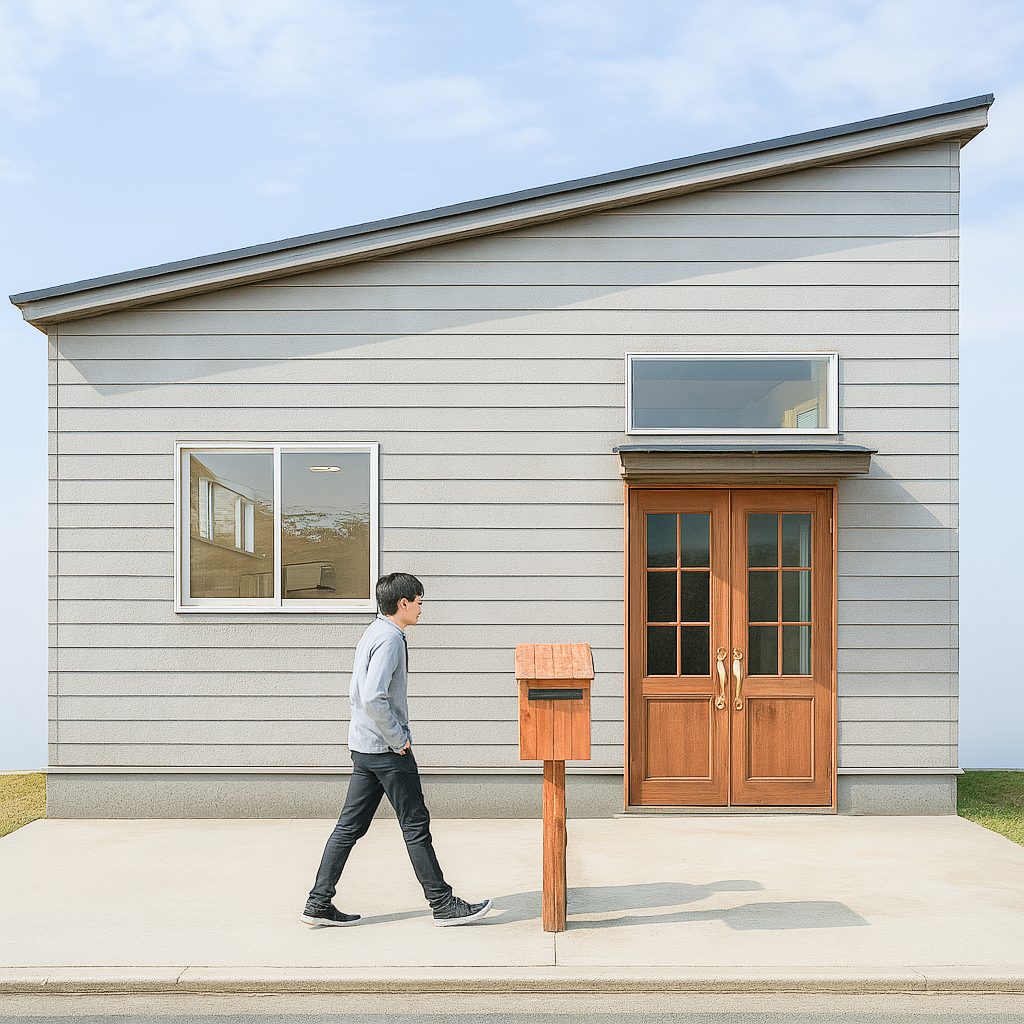 【Garage House⑫】木の家バイカーハウス、スキップフロアの平屋ガレージハウス、昼間の建物外観①