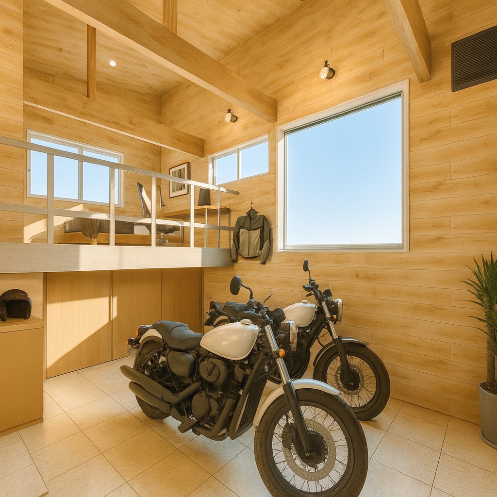 【Garage House⑫】木の家バイカーハウス、スキップフロアの平屋ガレージハウス、ガレージななめから